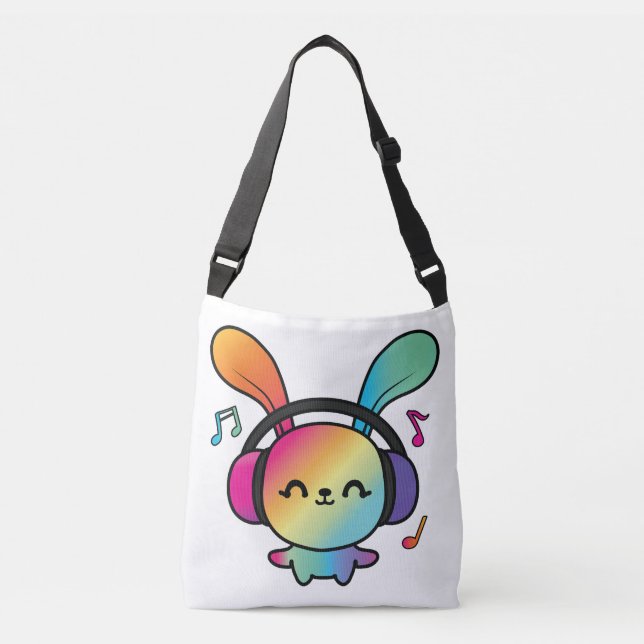 Bolsa Ajustável Feliz Bunny com fones de ouvido ouvindo música. (Frente)