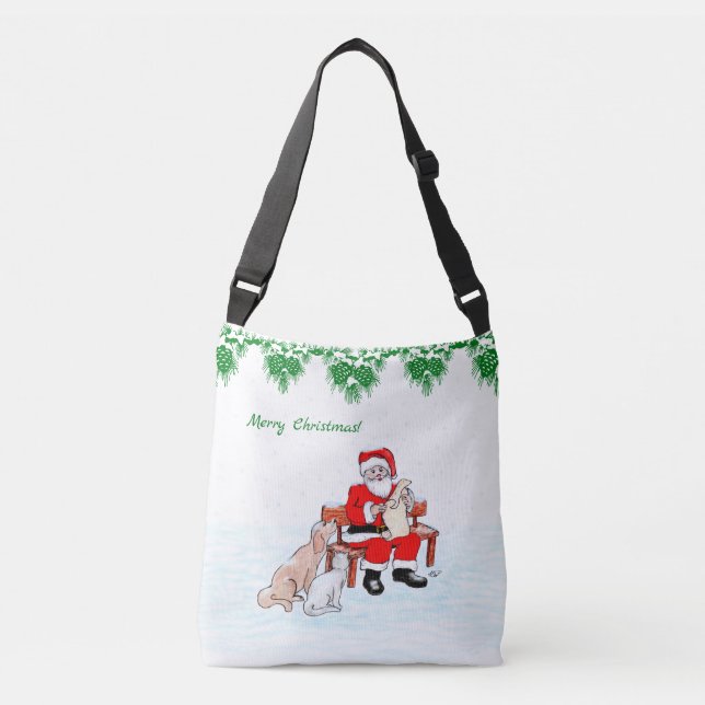 Bolsa Ajustável Feliz Natal - Papai Noel com Gato e Cachorro (Frente)