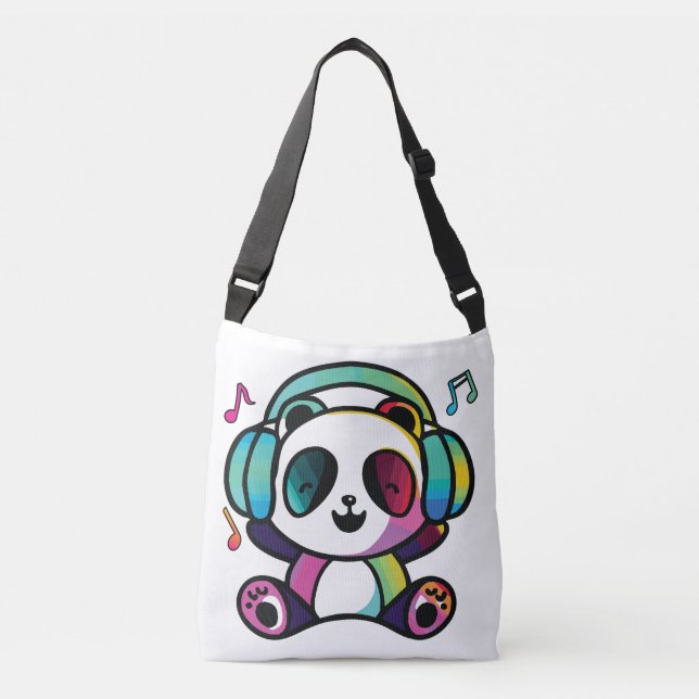 Bolsa Ajustável Feliz Panda com fones de ouvido ouvindo música. (Frente)