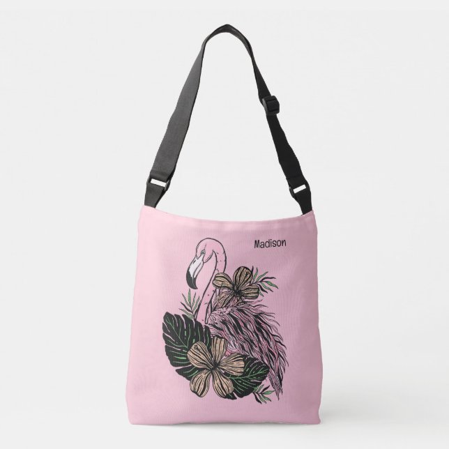 Bolsa Ajustável Flamingo Cor-de-Cor e Nome Personalizado (Frente)