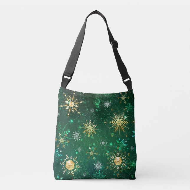 Bolsa Ajustável Flocos de neve do Ouro Xmas em fundo verde (Frente)