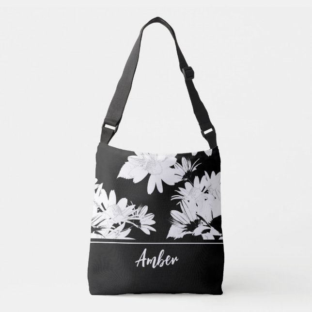Bolsa Ajustável Flor branco e preto margarida monograma (Frente)