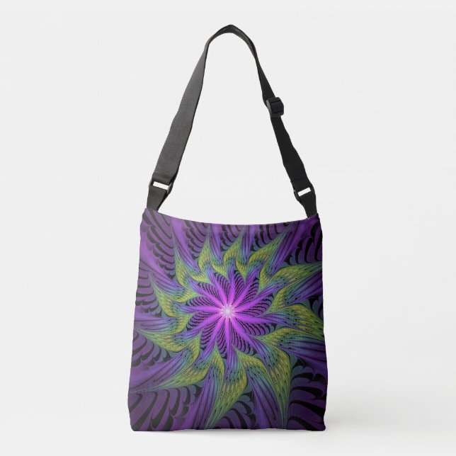 Bolsa Ajustável Flor Verde Roxo, Abstrato, Arte Fractal (Frente)