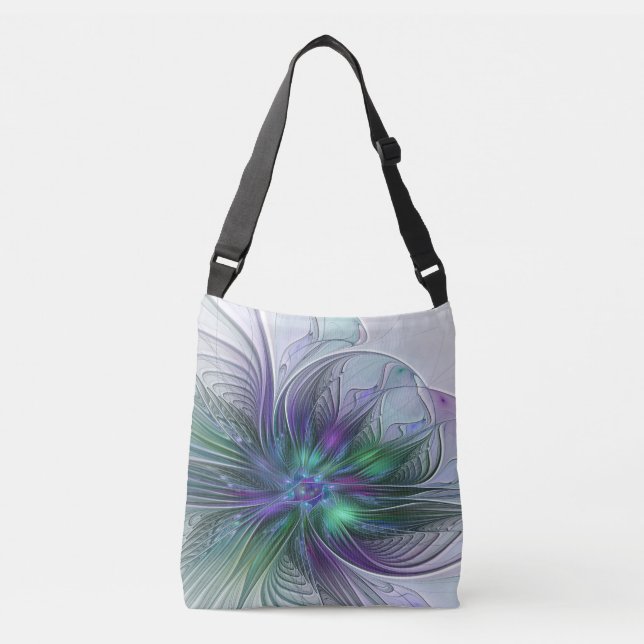 Bolsa Ajustável Flor Verde Roxo Moderna Abstrato de Arte Fractal (Frente)