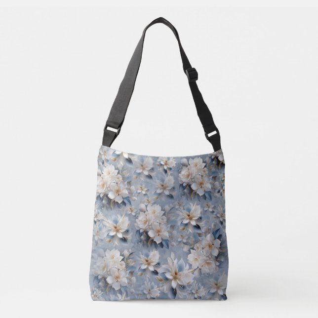 Bolsa Ajustável Flores Azuis, Brancas e Douradas na Seda (Frente)