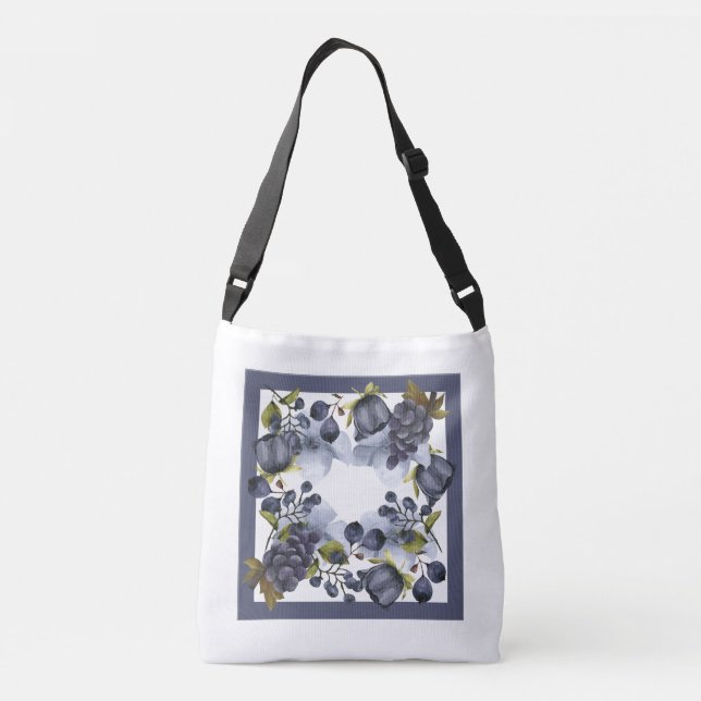Bolsa Ajustável Flores azuis e frutas no quadro (Verso)