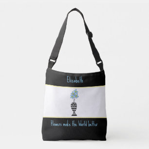 Bolsa Ajustável Flores Azuis elegantes e faixas de negros