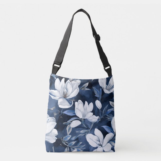 Bolsa Ajustável Flores Brancas da Magnolia, Fundo Azul (Frente)