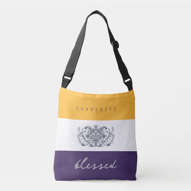 Bolsa Ajustável Flores Chic Adicione Seu Nome Roxo Amarelo Abençoa (Frente)