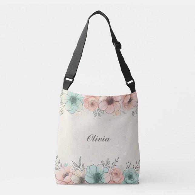 Bolsa Ajustável Flores Esboçadas em Aquarela Elegante (Frente)