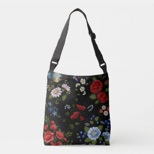 Bolsa Ajustável Flores Vermelhos e Azuis Bordados Falsos Saco de