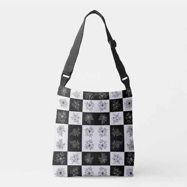 Bolsa Ajustável Flores Xadrez Monocromáticas Padrão Elegante (Frente)