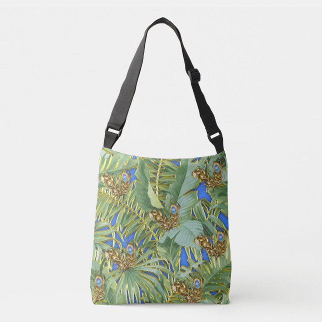 Bolsa Ajustável Folhas de Peacock ouro no Azul Ceruliano (Frente)