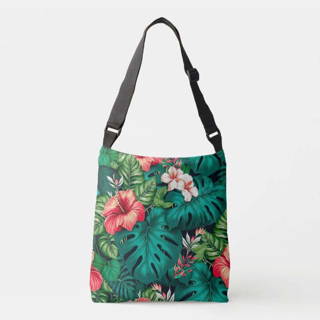 Bolsa Ajustável Folhas Tropicais Elegantes e Flores de Hibisco | (Frente)