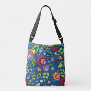 Bolsa Ajustável Folk, flores coloridas em azul clássico