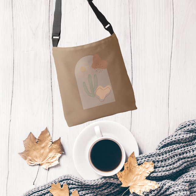 Bolsa Ajustável Formas Boho Abstratas Cacto Sol Terracota Bege (Boho Abstract Shapes Brown Tan Green Peach Cactus Cross body hand bag.)