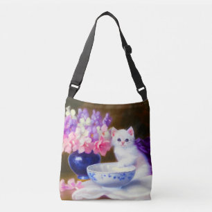 Bolsa Ajustável Gatinho Branco Vintage com Laço Roxo