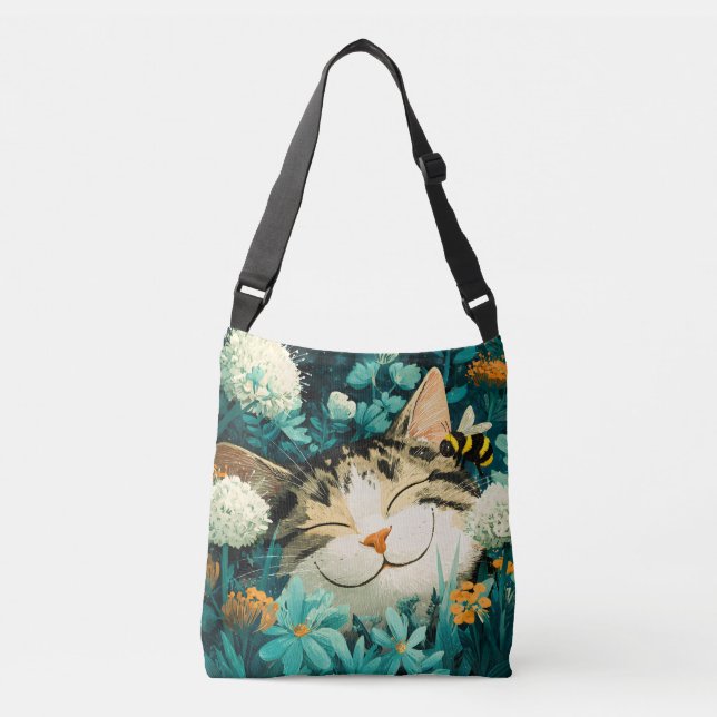 Bolsa Ajustável Gato Adormecido em Jardim de Flores com Abelha em  (Frente)
