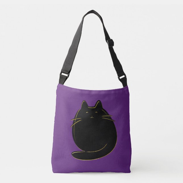 Bolsa Ajustável Gato bonito do preto e do ouro no roxo (Frente)