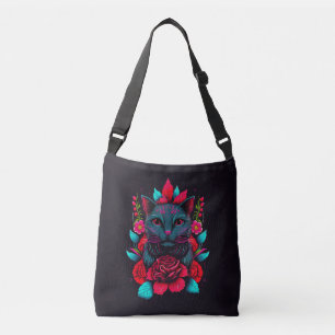 Bolsa Ajustável Gato Negro Elegante arredondado por Rosas vermelha