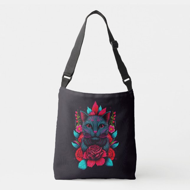 Bolsa Ajustável Gato Negro Elegante arredondado por Rosas vermelha (Frente)
