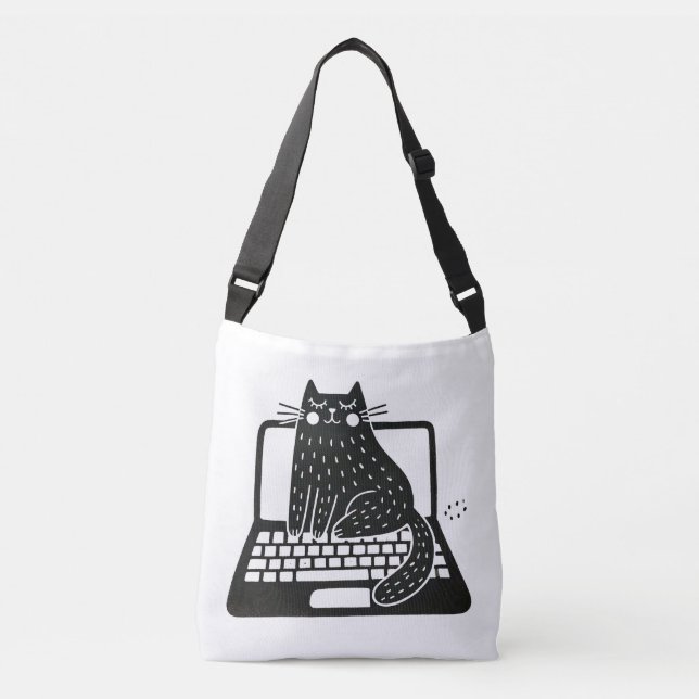 Bolsa Ajustável Gato Negro Whimsso Sentado no Laptop (Frente)