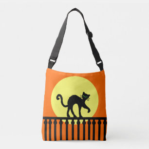 Bolsa Ajustável Gato Preto Assustador a Caminhar na Cerca Laranja-