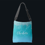 Bolsa Ajustável Glitter azul-lacrimejo gota-a-gota monograma verde<br><div class="desc">Um mar azul alto,  fundo verde-brilhante do oceano,  decorado com pingos de falso brilho,  pintura pingando. Personalize e adicione um nome e letras de monograma. Um script estilo moderno,  escrito à mão,  letras brancas e azuis</div>