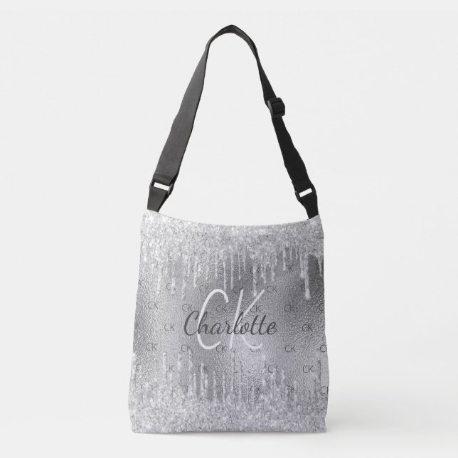 Bolsa Ajustável Glitter prateado goteja monograma elegante (Frente)