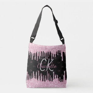 Bolsa Ajustável Glitter preto rosa pinga monograma elegante