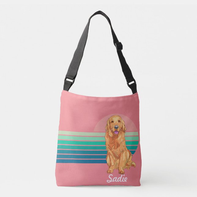 Bolsa Ajustável Golden Retriever Custom Name Retro Stripe Pink (Frente)