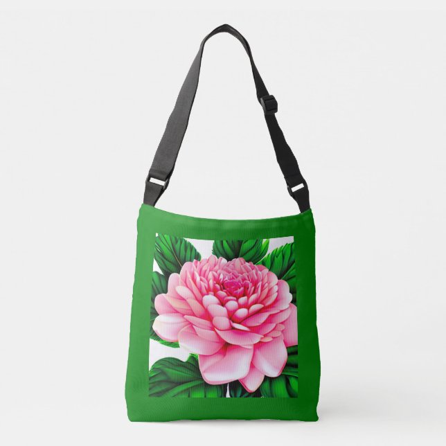 Bolsa Ajustável Grande Pensão Rosa com Folhas Verde Esmeraldas (Frente)