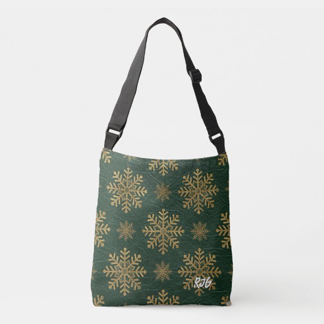 Bolsa Ajustável Green Leather Tooled with Gold Snowflakes Initials (Frente)