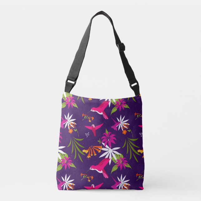 Bolsa Ajustável Hummingbird Flor Tropical Púrpura Rosa Padrão (Frente)