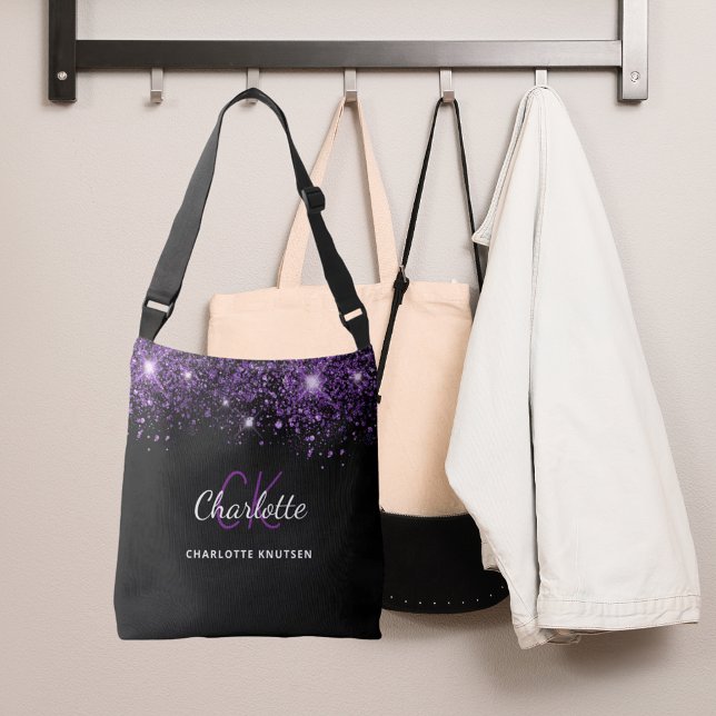 Bolsa Ajustável Iniciais monograma brilhante roxo preto glamourosa (Criador carregado)