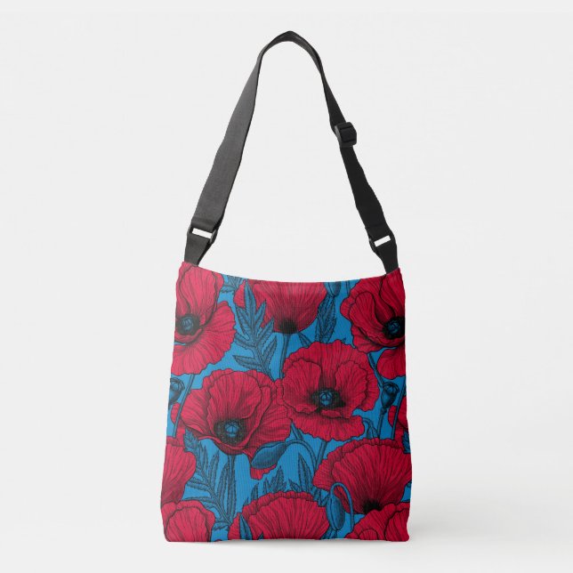 Bolsa Ajustável Jardim de papoila vermelho em azul (Frente)