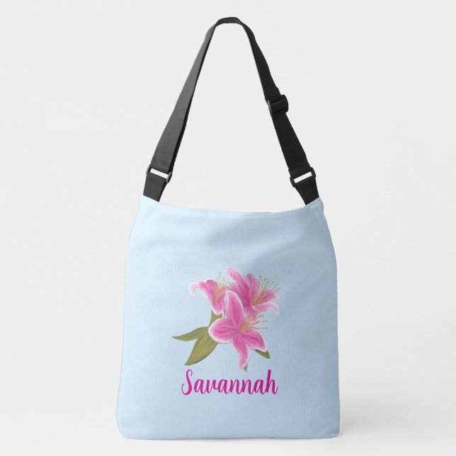 Bolsa Ajustável Lilases Rosa em Fundo Azul  (Frente)