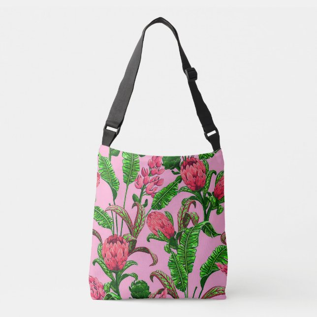 Bolsa Ajustável Lindas Folhas Verdes Tropicais com Flores Vermelha (Frente)