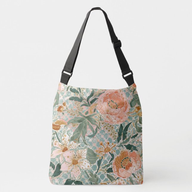Bolsa Ajustável Lovely Blooming Peach Flowers and Leaves, Pattern (Frente)