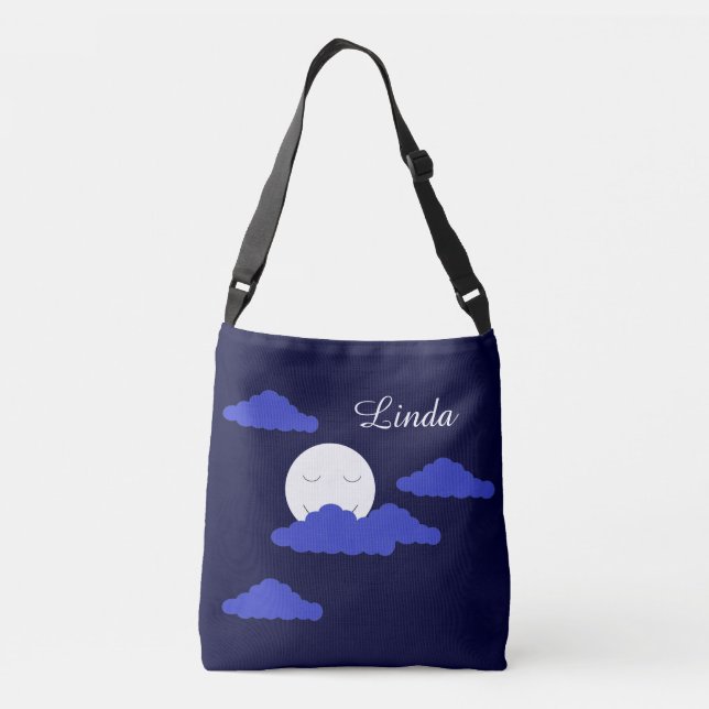 Bolsa Ajustável Lua Cheia Sorrindo com Nuvens: Azul Escuro  (Verso)