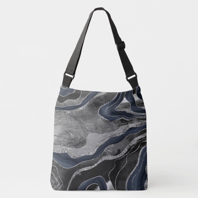 Bolsa Ajustável Marinho Azul Preto Marble Agate Silver Glitter Gla (Frente)