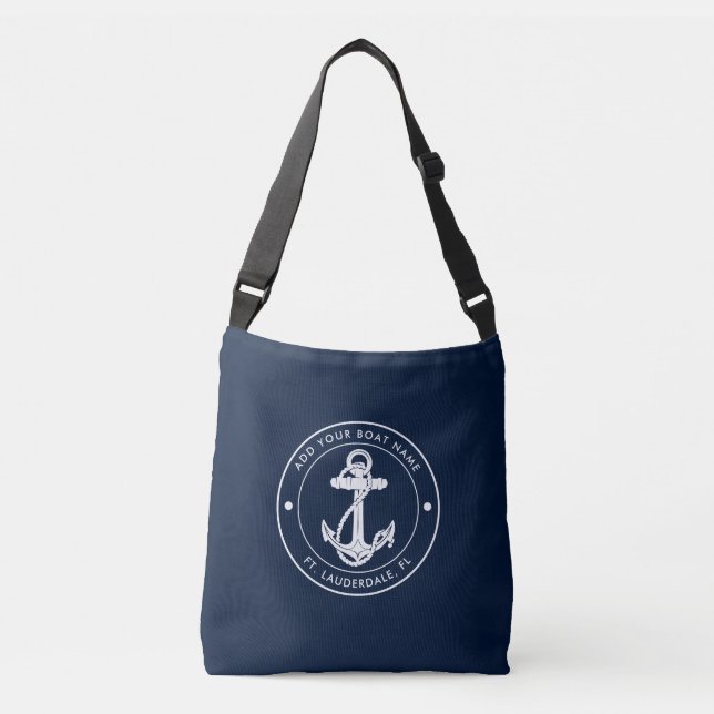 Bolsa Ajustável Marinho de Âncora Náutica Nome de Barco Azul Perso (Frente)