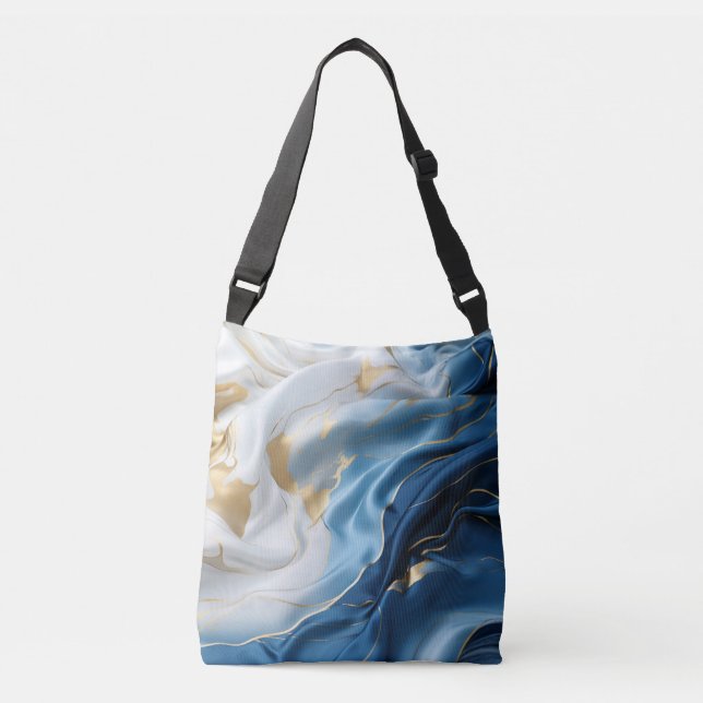 Bolsa Ajustável Mármore Branco Azul com Visual de Seda Dourada (Frente)