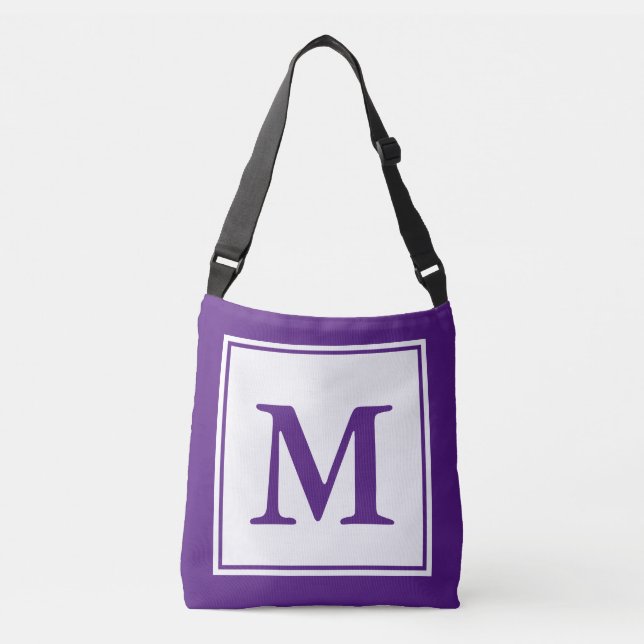 Bolsa Ajustável Modelo de Monograma Simples Branco e Roxo (Frente)