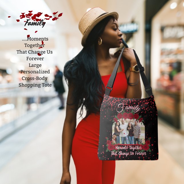 Bolsa Ajustável Modern Black Red Roses Family Photo Quote Floral (Black cross-body tote with your family photo, red roses and petals, and special quote about family)