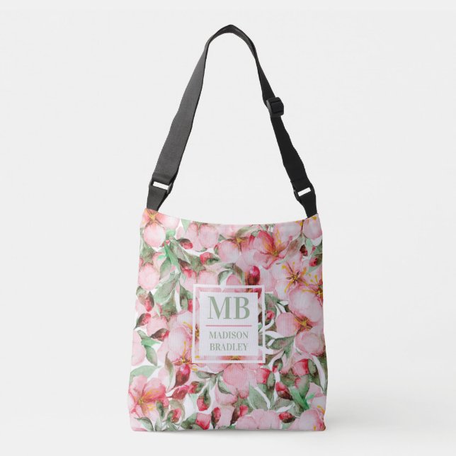 Bolsa Ajustável Monograma Cherry Blossom Watercolor Floral (Frente)