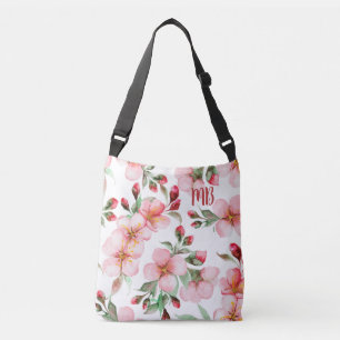 Bolsa Ajustável Monograma Cor de Cereja Rosa Blossom Watercolor Fl