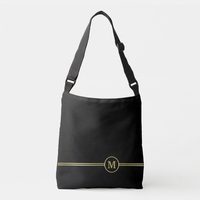 Bolsa Ajustável Monograma de ouro elegante a preto (Frente)