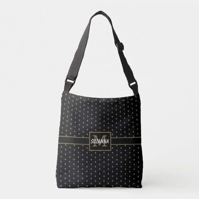 Bolsa Ajustável Monograma de Padrão Floral Preto e Dourado (Frente)