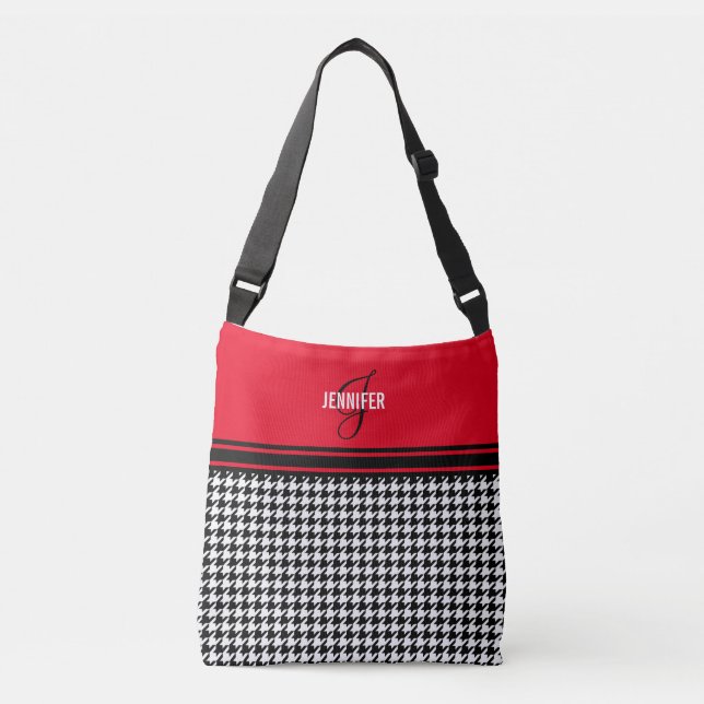 Bolsa Ajustável Monograma do nome vermelho Chic Houndstooth (Frente)